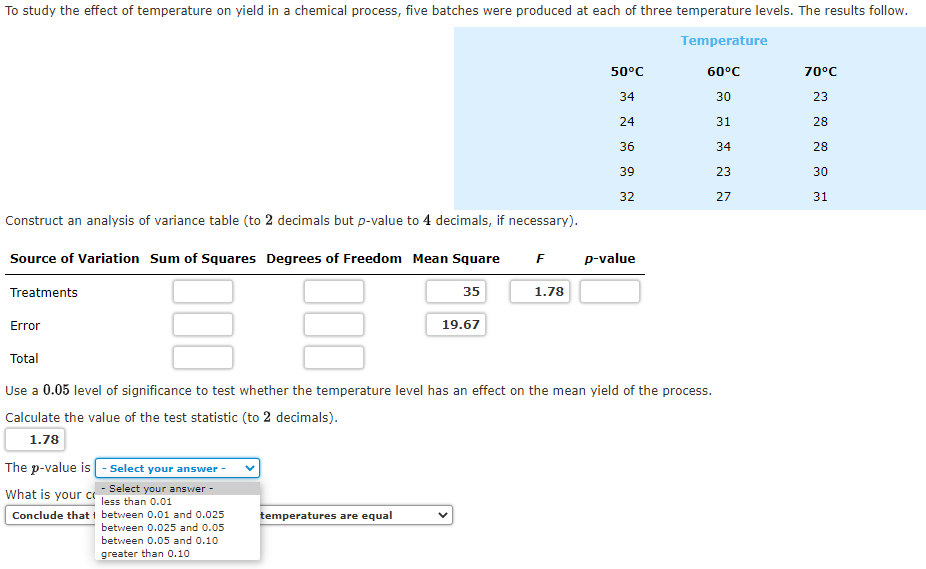 Solved To study the effect of temperature on yield in a | Chegg.com