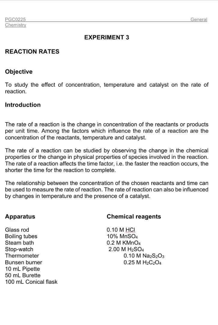 General PGC0225 Chemistry EXPERIMENT 3 REACTION RATES | Chegg.com