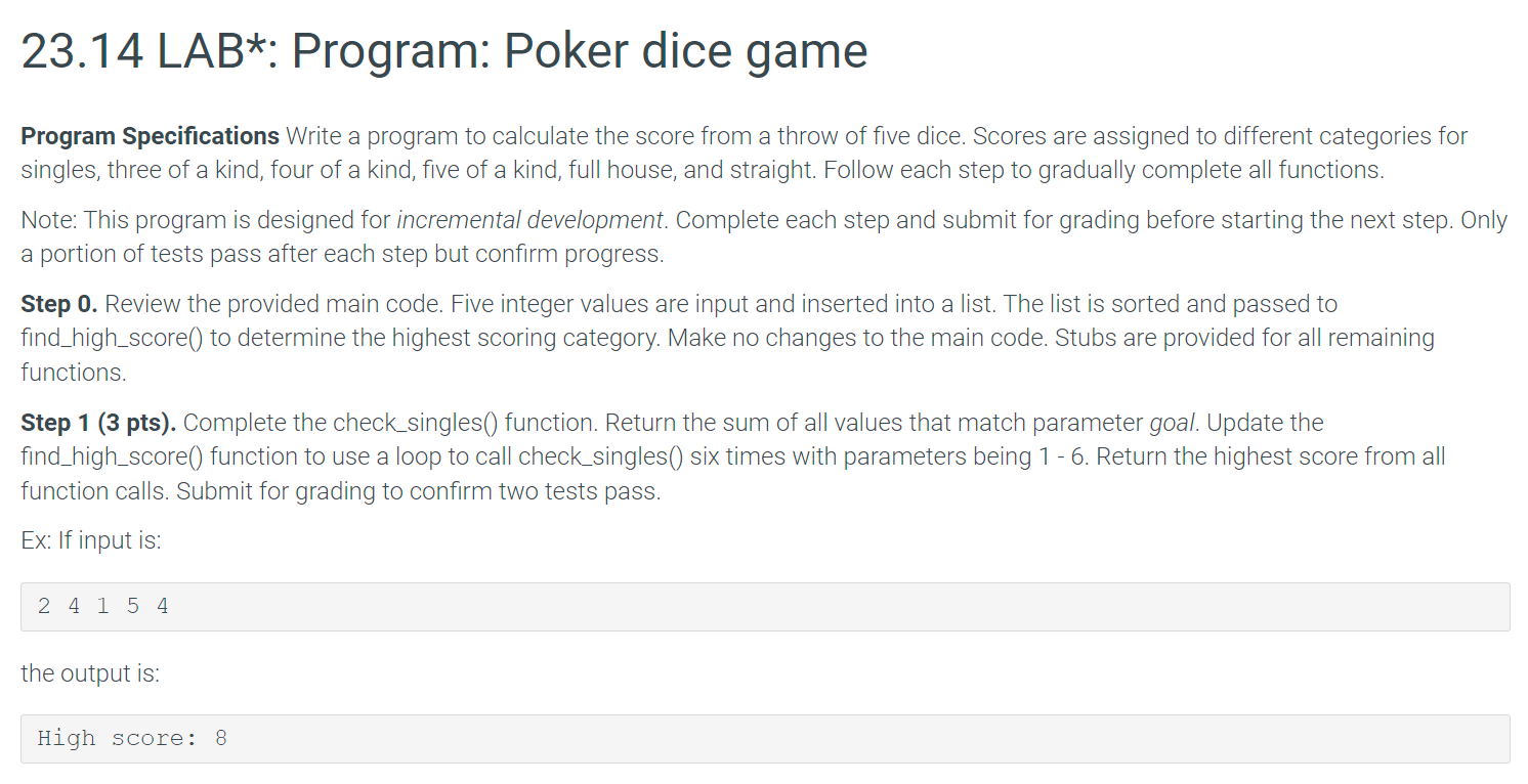 Solved 23.14 LAB*: Program: Poker dice game Program | Chegg.com