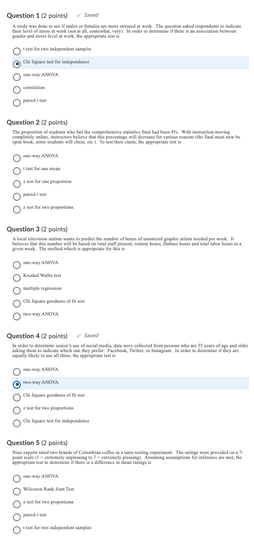 Solved Saved Question 1 (2 points) A study was done to see | Chegg.com