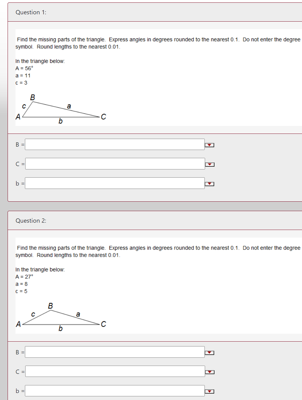 Solved Question 1: Find the missing parts of the triangle. | Chegg.com