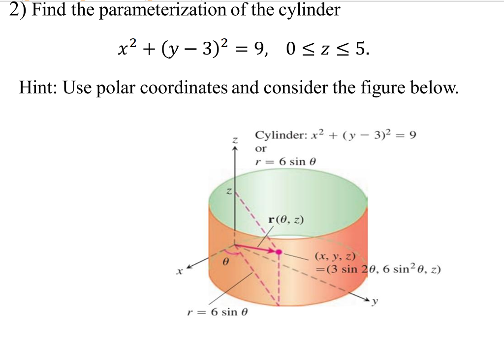 Solved 2) Find the parameterization of the cylinder Hint: | Chegg.com