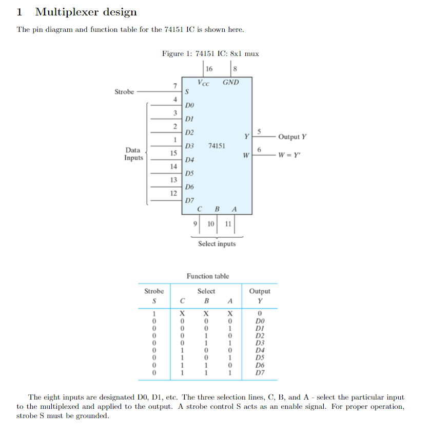 Solved 1 Multiplexer Design The Pin Diagram And Function Chegg Com