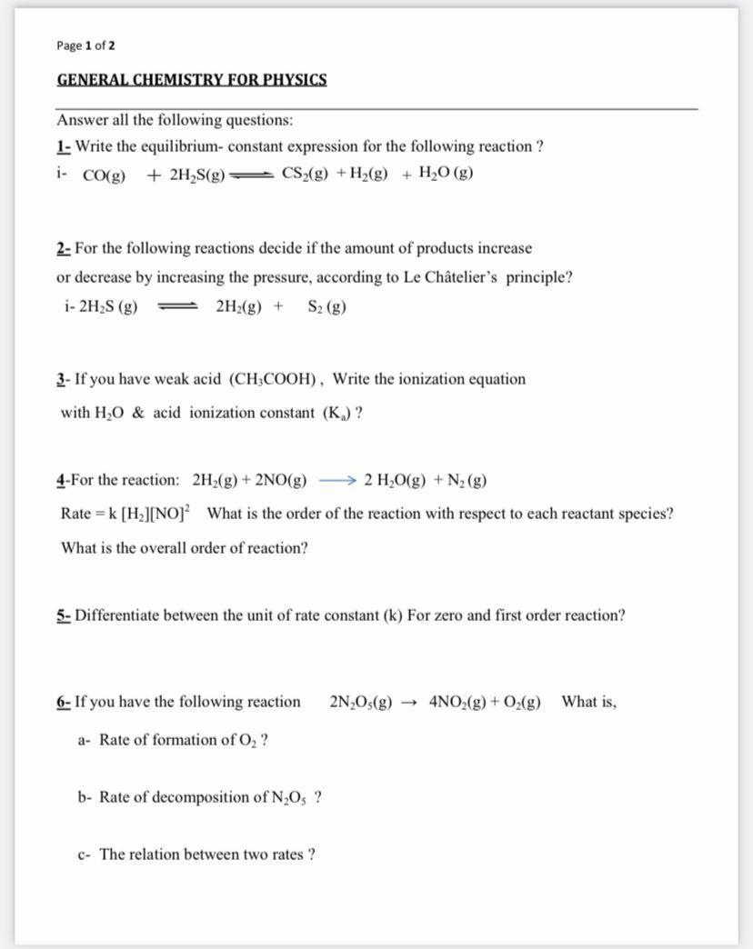 Solved Page 1 of 2 GENERAL CHEMISTRY FOR PHYSICS Answer all | Chegg.com