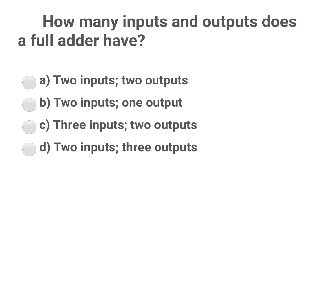 Solved How many inputs and outputs does a full adder have? | Chegg.com