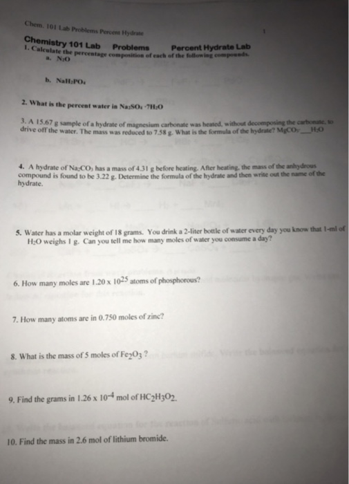 Solved Chem 101 Lab Problems Percent Hydrate Chemistry 101