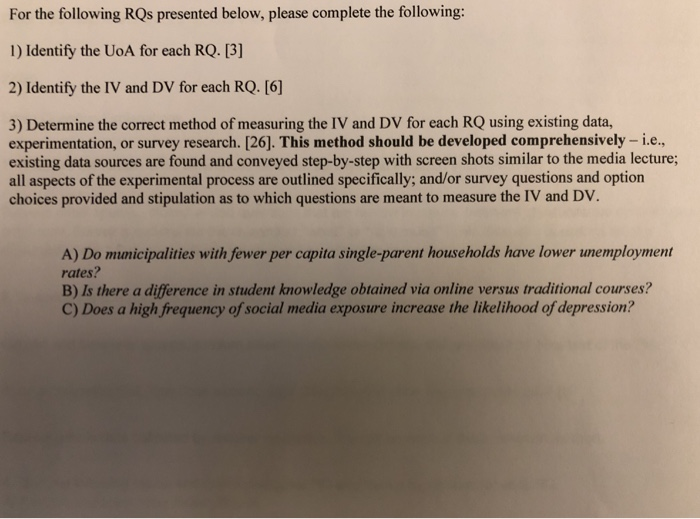 For the following RQs presented below, please | Chegg.com
