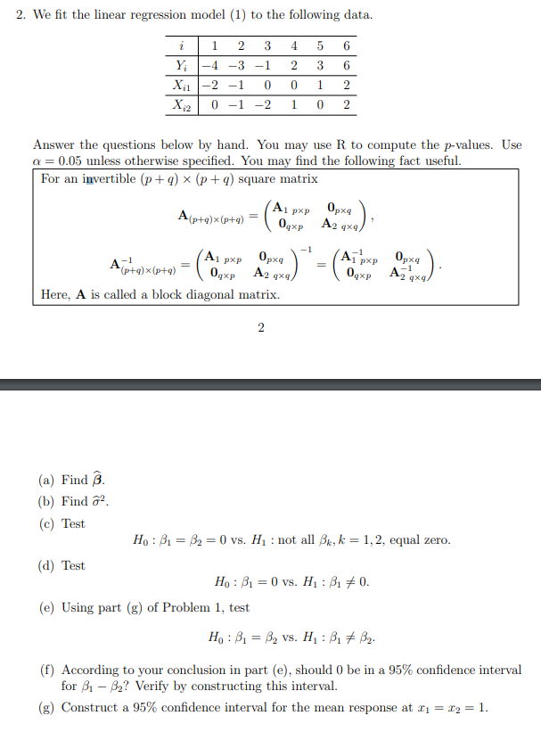 Solved 2. We Fit The Linear Regression Model (1) To The | Chegg.com