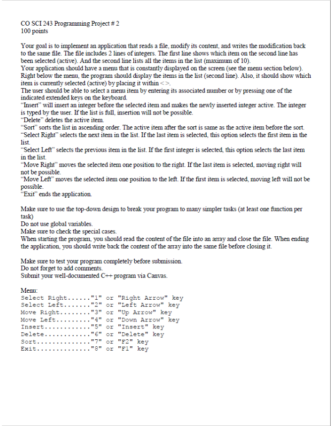 CO SCI 243 Programming Project # 2 100 points Your | Chegg.com