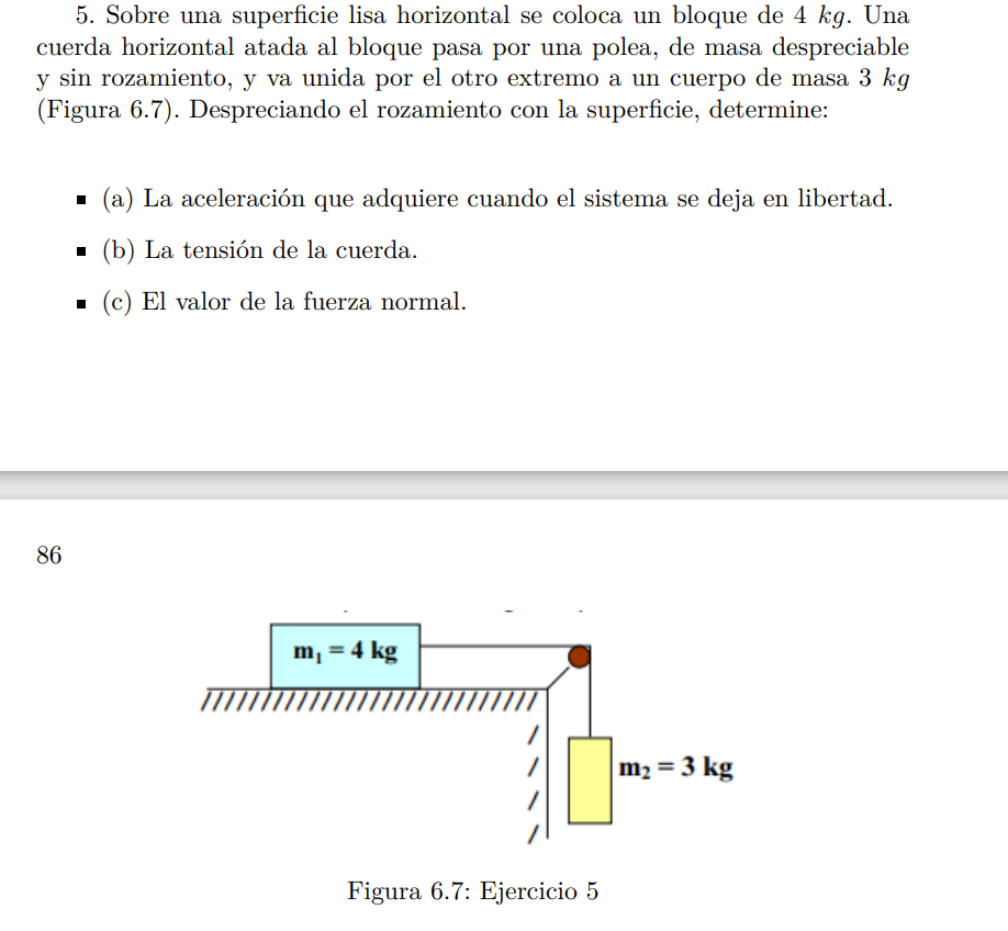 5. Sobre una superficie lisa horizontal se coloca un bloque de \( 4 \mathrm{~kg} \). Una cuerda horizontal atada al bloque pa