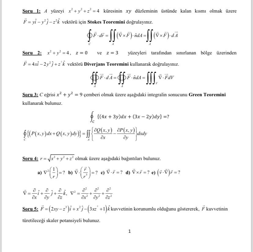 Solved Soru 1: A yüzeyi x2+y2+z2=4 küresinin xy düzleminin | Chegg.com