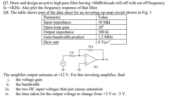 Solved Q7. Draw and design an active high pass filter having | Chegg.com