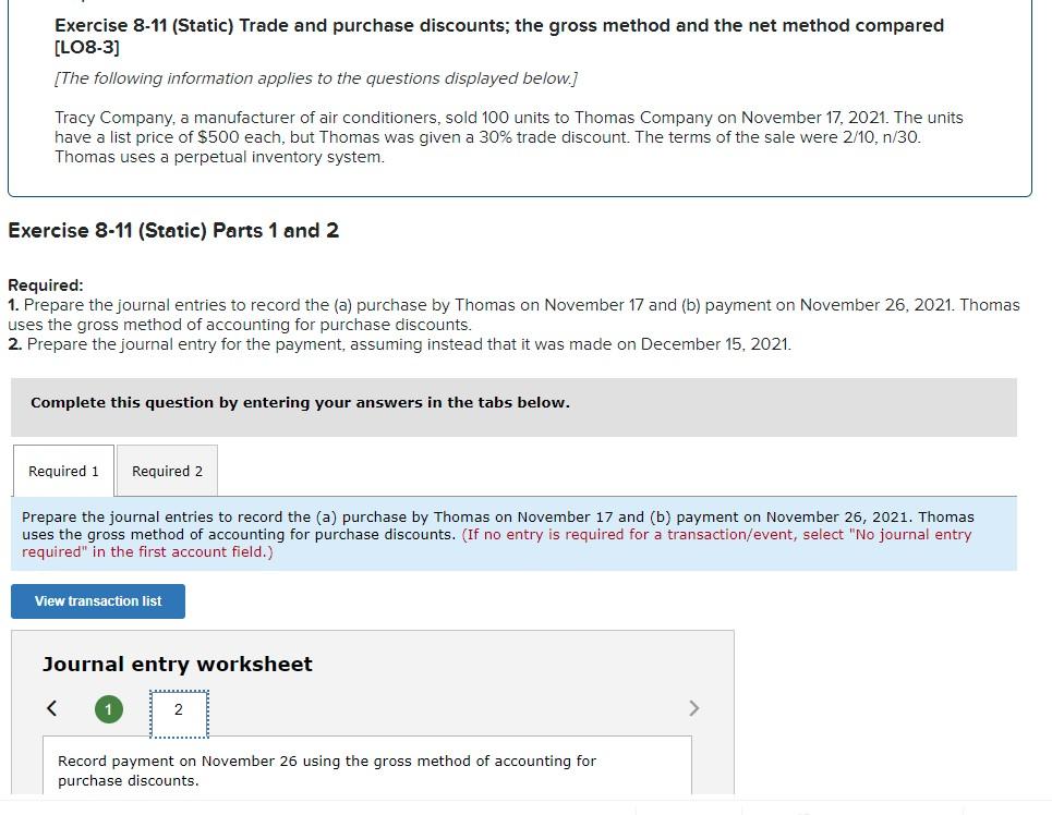 Solved Exercise 8-11 (Static) Trade and purchase discounts