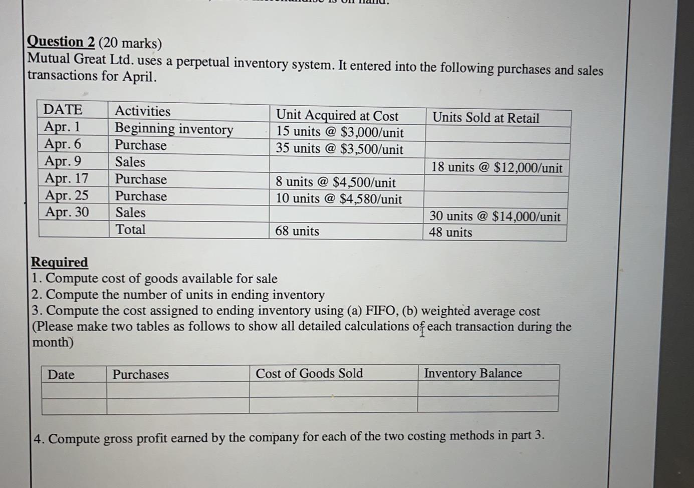 Mutual Great Ltd Uses A Perpetual Inventory System Chegg 