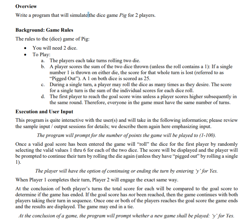 Solved Overview Write a program that will simulate the dice | Chegg.com