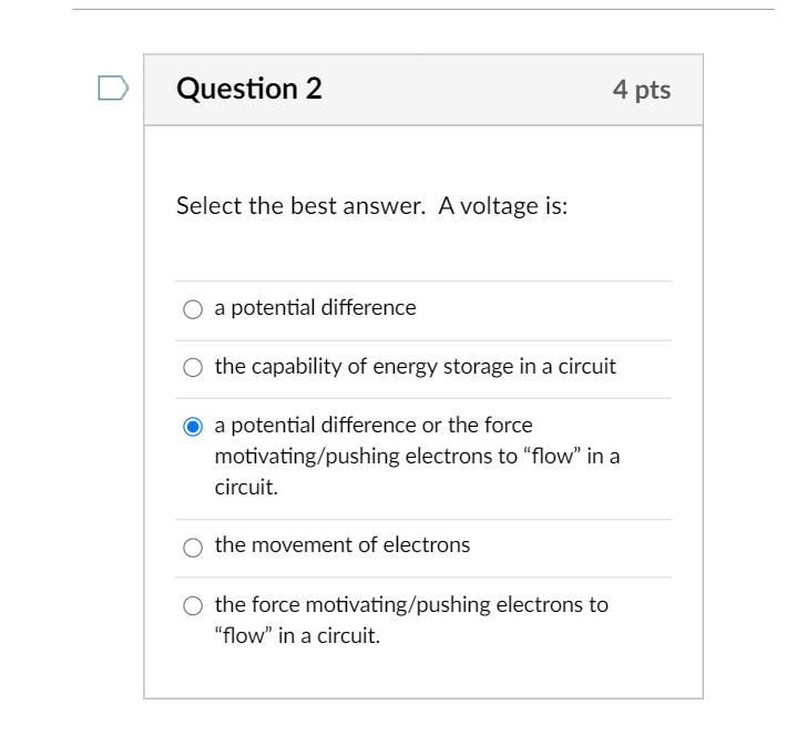 Solved Question 2 4 pts Select the best answer. A voltage | Chegg.com