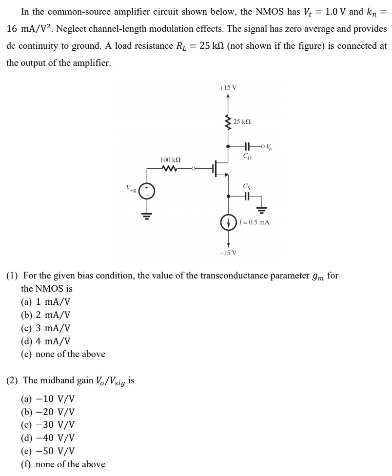 Solved In The Common-source Amplifier Circuit Shown Below, | Chegg.com