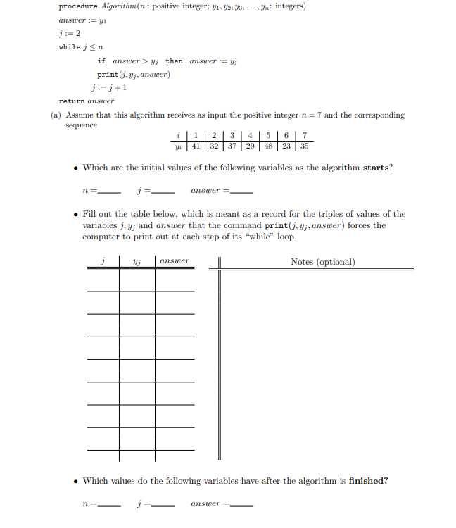 Solved procedure Algorithm (n: positive integer; 3₁, 32, | Chegg.com
