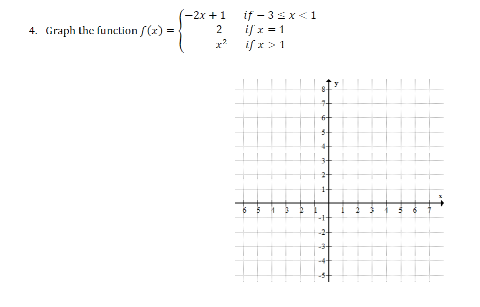 \( f(x)=\left\{\begin{array}{cl}-2 x+1 & \text { if }-3 \leq x<1 \\ 2 & \text { if } x=1 \\ x^{2} & \text { if } x>1\end{arra