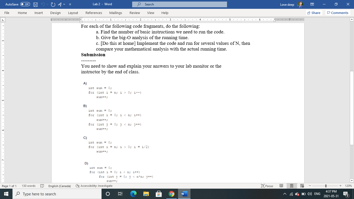 Solved AutoSave Off File Home Insert Share Comments DA= Lab | Chegg.com