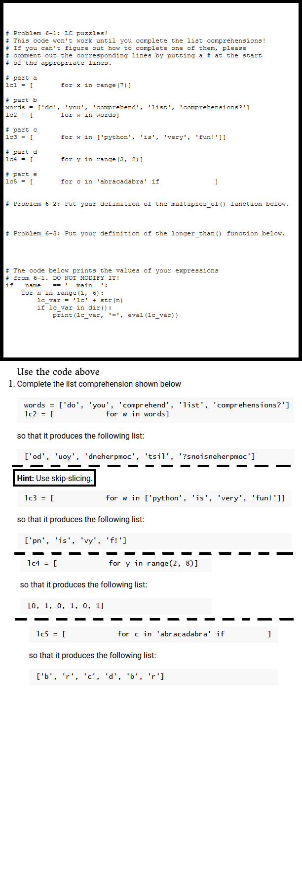 6. python list comprehension || python || hacker rank... Solved # Problem 6-1: LC puzzles! # This code won't work | Chegg.com
