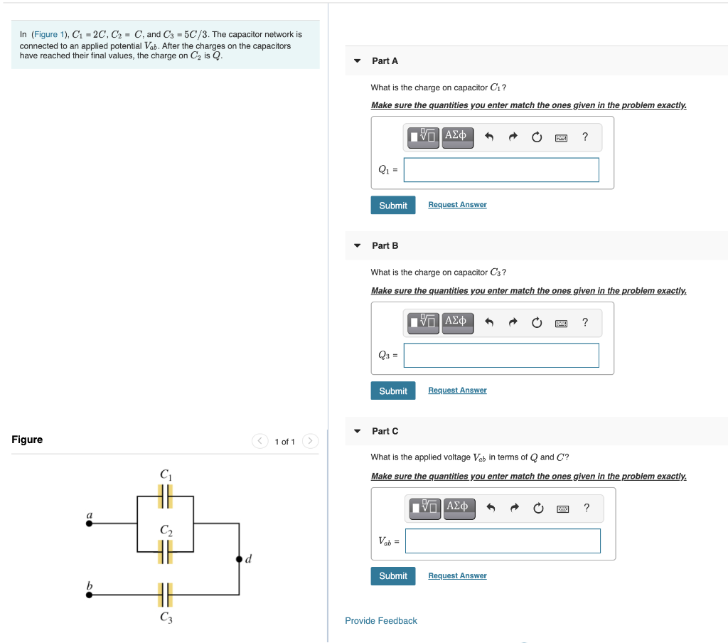 Solved In (Figure 1), C1 = 2C, C2 = C, and C3 = 5C/3. The | Chegg.com image.