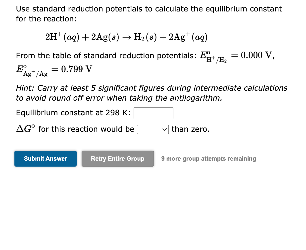 Use standard reduction potentials to calculate the equilibrium constant for the reaction:
\[
2 \mathrm{H}^{+}(a q)+2 \mathrm{