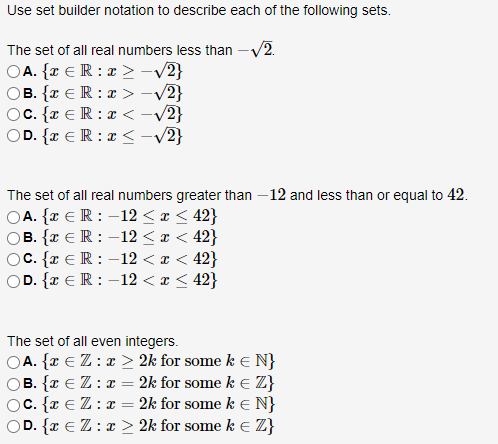 a set of real numbers less than 15 in set builder notation