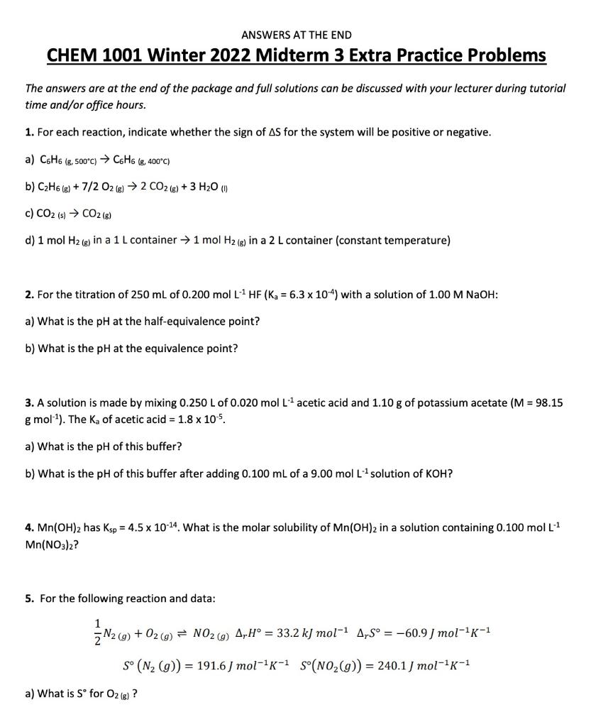 Solved ANSWERS AT THE END CHEM 1001 Winter 2022 Midterm 3 | Chegg.com