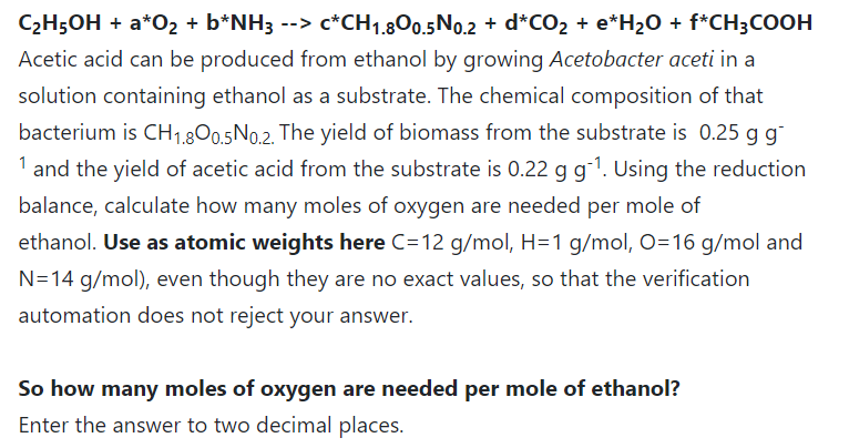 Solved C2H5OH+a∗O2+b∗NH3−>c∗CH1.8O0.5 | Chegg.com