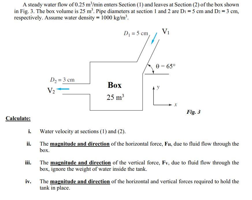 Solved A steady water flow of 0.25 m²/min enters Section (1) | Chegg.com