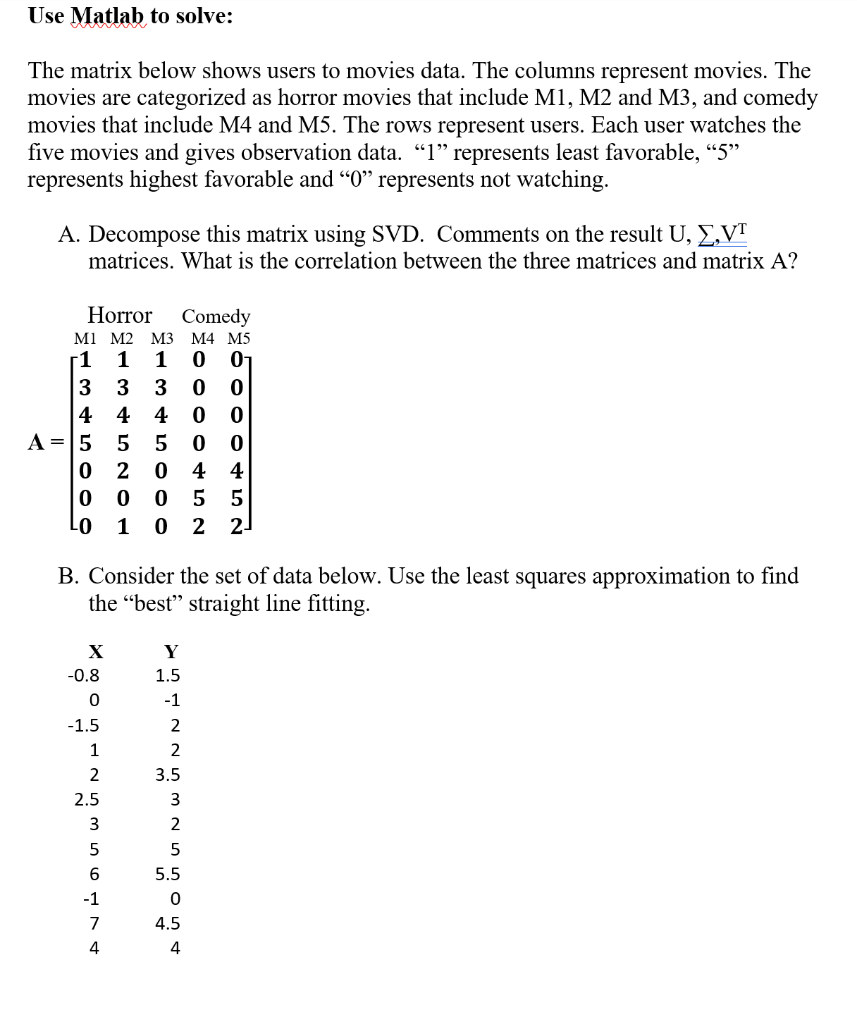 Use Matlab to solve: The matrix below shows users to | Chegg.com