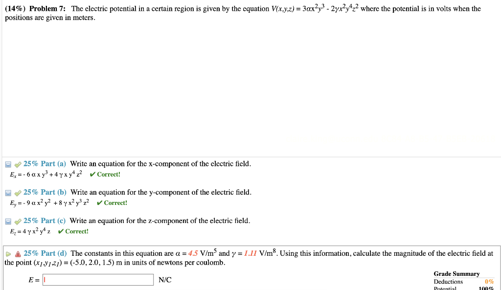 Solved (14%) Problem 7: The electric potential in a certain | Chegg.com