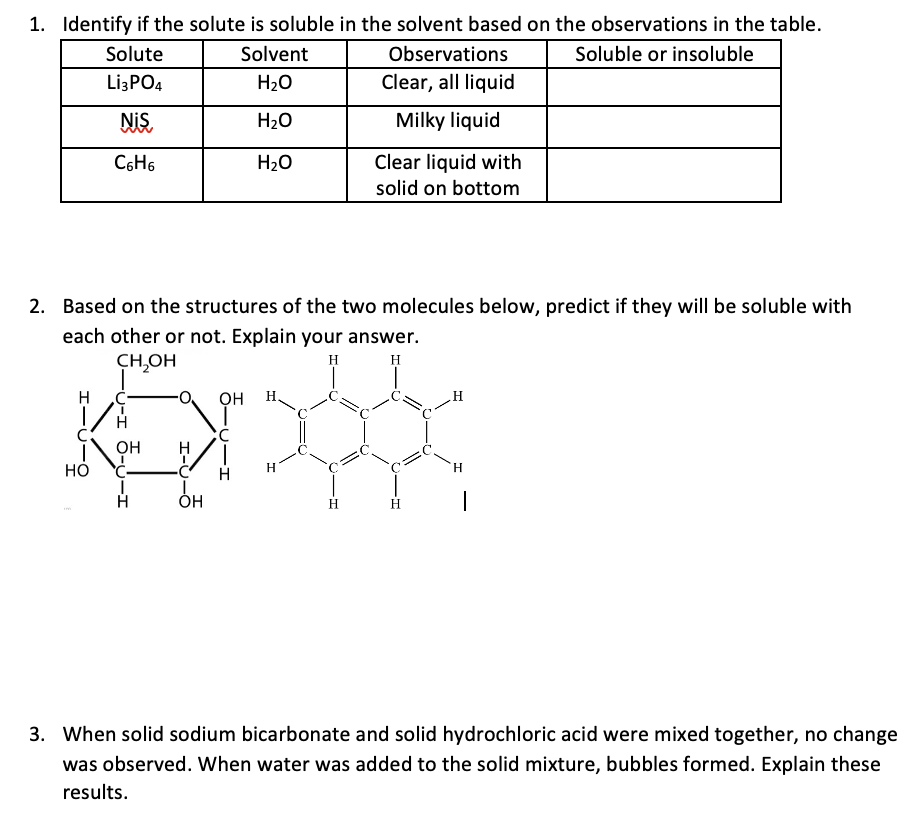 Solved 1. Identify If The Solute Is Soluble In The Solvent | Chegg.com