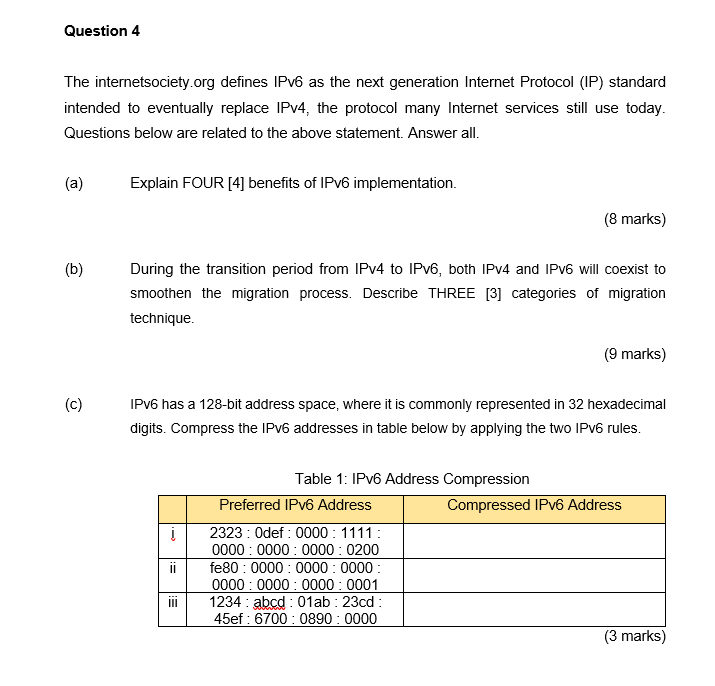 Solved Question 4 The internetsociety.org defines IPv6 as | Chegg.com
