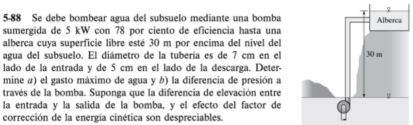 5-88 Se debe bombear agua del subsuelo mediante una bomba sumergida de \( 5 \mathrm{~kW} \) con 78 por ciento de eficiencia h