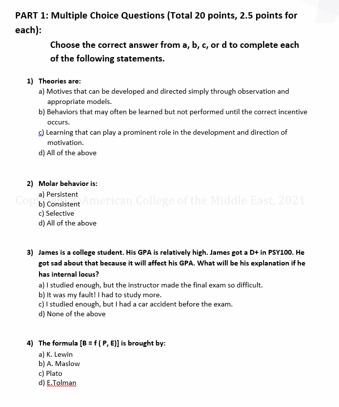 Solved PART 1 Multiple Choice Questions Total 20 points Chegg