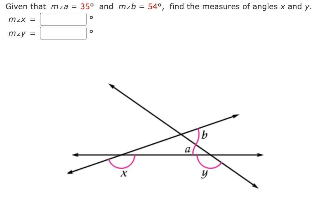 Solved Given that m∠a=35∘ and m∠b=54∘, find the measures of | Chegg.com