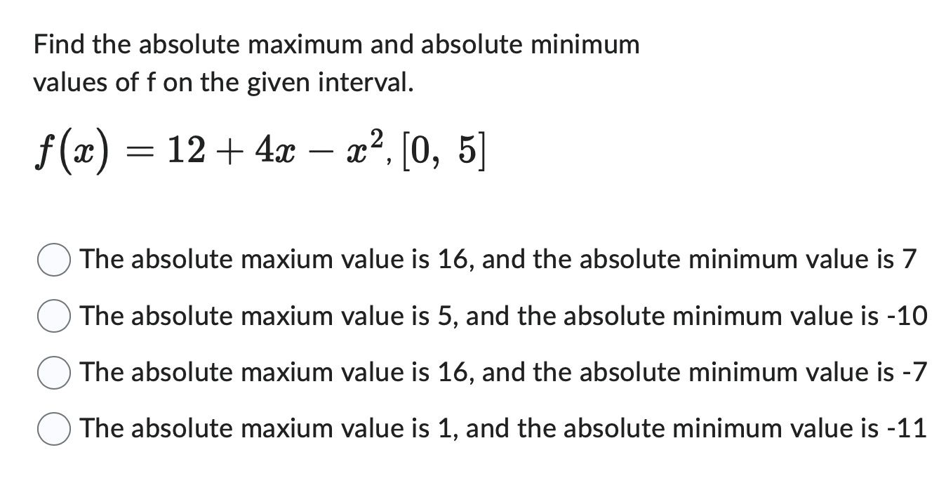 Solved Find the absolute maximum and absolute minimum values | Chegg.com