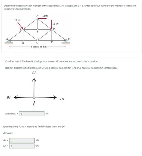 Determine the force in each member of the loaded truss. All triangles are 3-4-5. Enter a positive number if the member is in 