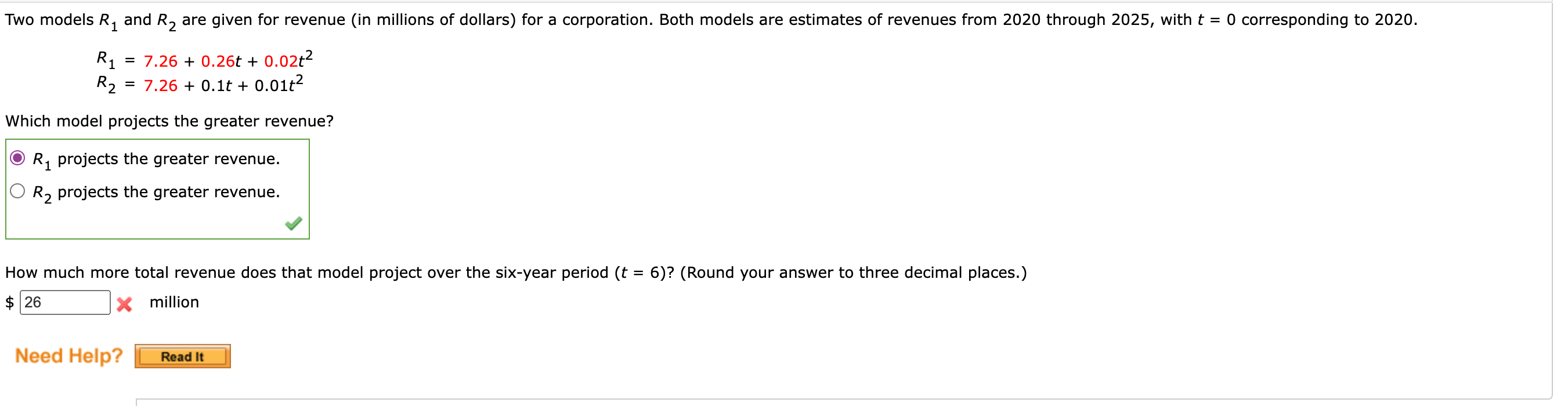 Solved R1=7.26+0.26t+0.02t2R2=7.26+0.1t+0.01t2 Which model | Chegg.com