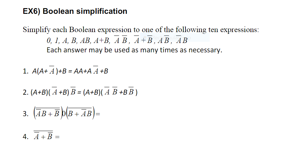 Solved EX6) Boolean Simplification Simplify Each Boolean | Chegg.com