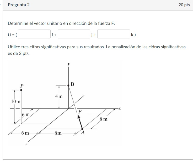 Determine el vector unitario en dirección de la fuerza \( \mathbf{F} \). \[ \mathrm{u}=(\quad \mathbf{i}+\mid \mathbf{j}+\qua