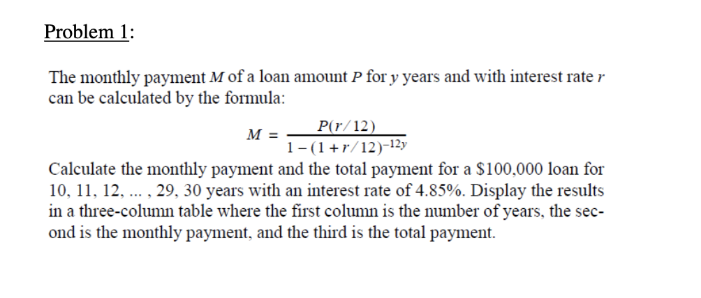 Solved Problem 1: The monthly payment M of a loan amount P | Chegg.com