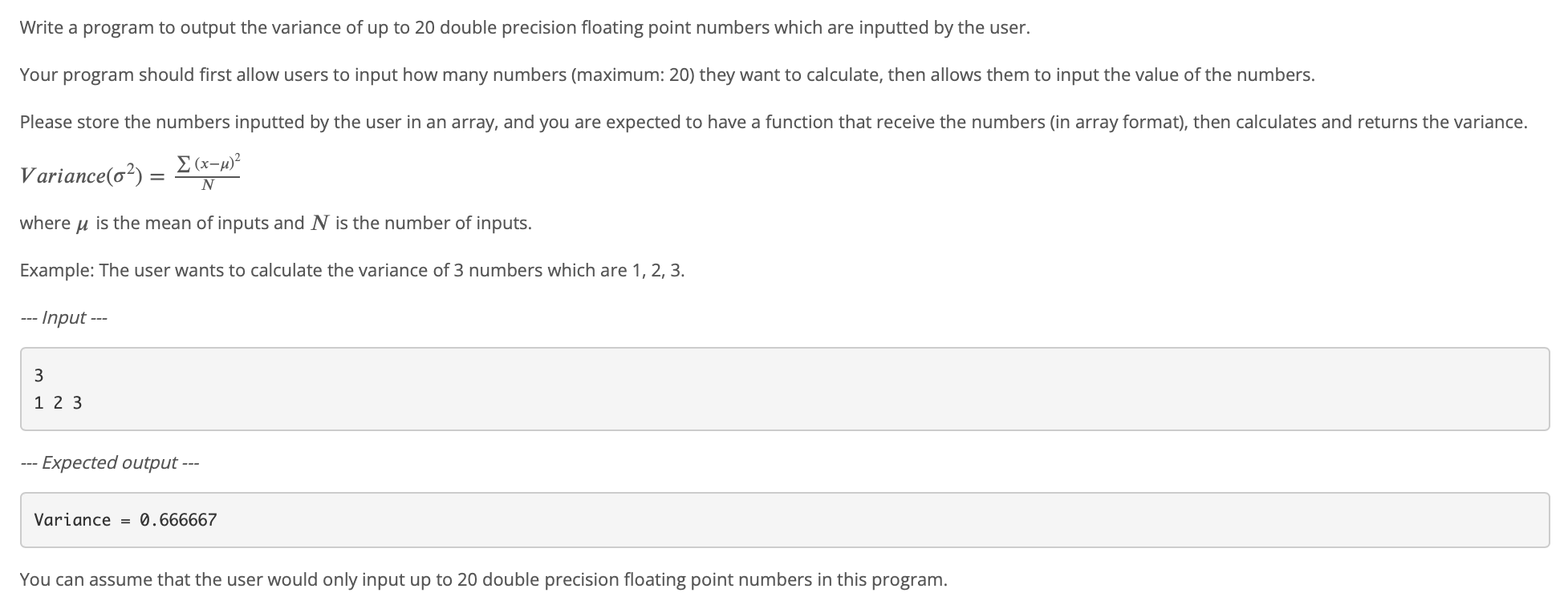 Solved Write a program to output the variance of up to 20 | Chegg.com