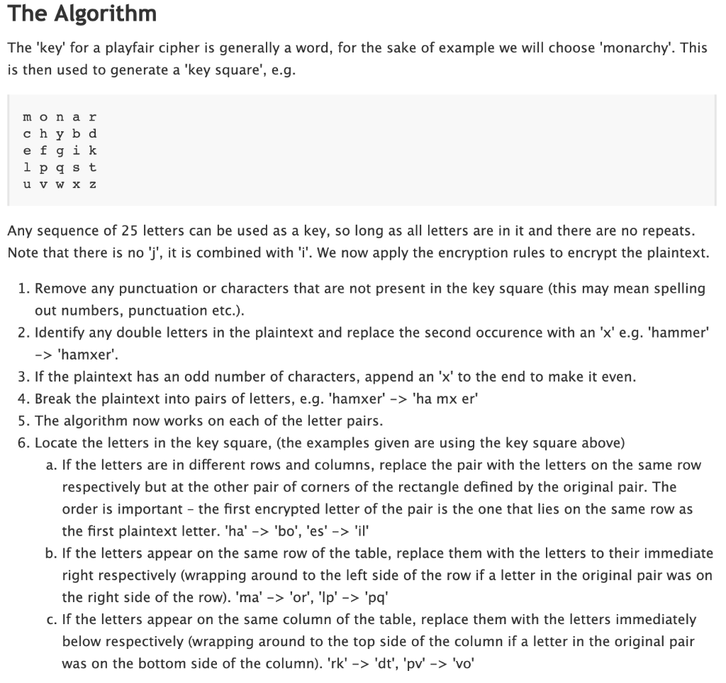 Solved The Algorithm The 'key' For A Playfair Cipher Is | Chegg.com