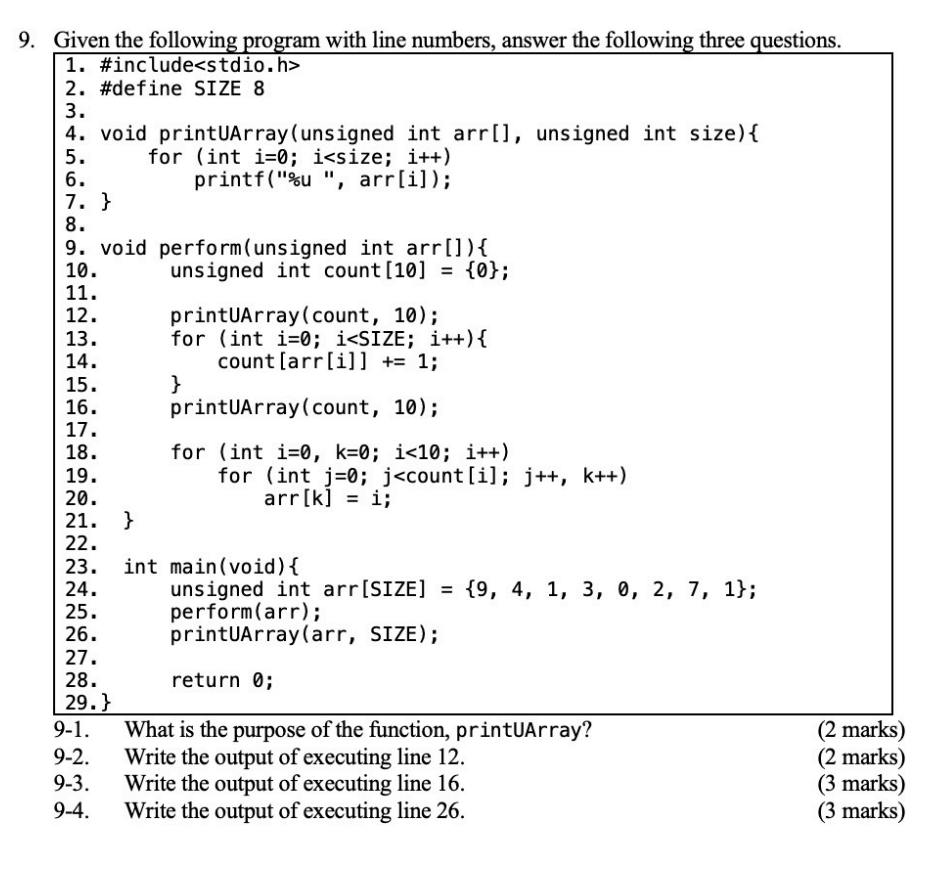 Solved 9. Given the following program with line numbers, | Chegg.com