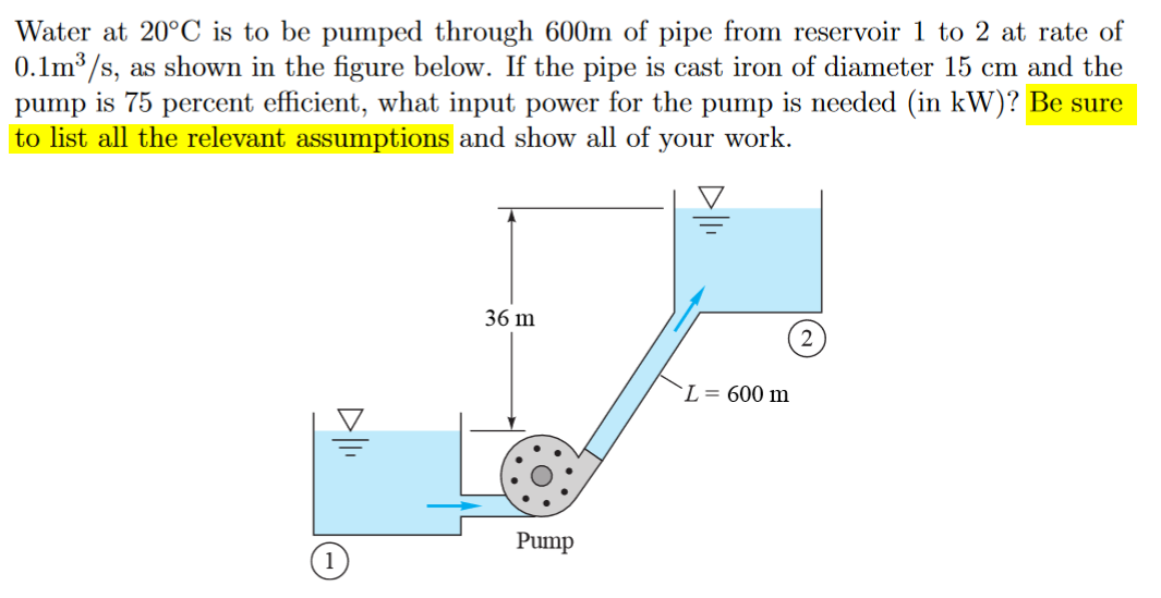 Solved Water at 20∘C is to be pumped through 600 m of pipe | Chegg.com