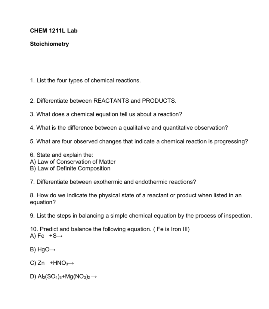 Solved CHEM 1211L Lab Stoichiometry 1. List The Four Types | Chegg.com