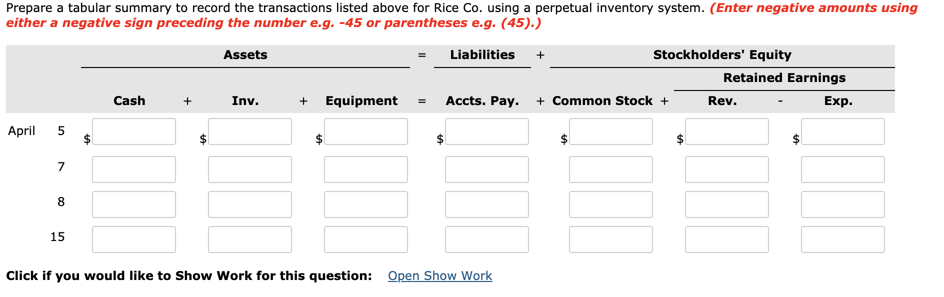 Prepare a tabular summary to record the transactions listed above for rice co. using a perpetual inventory system. (enter neg